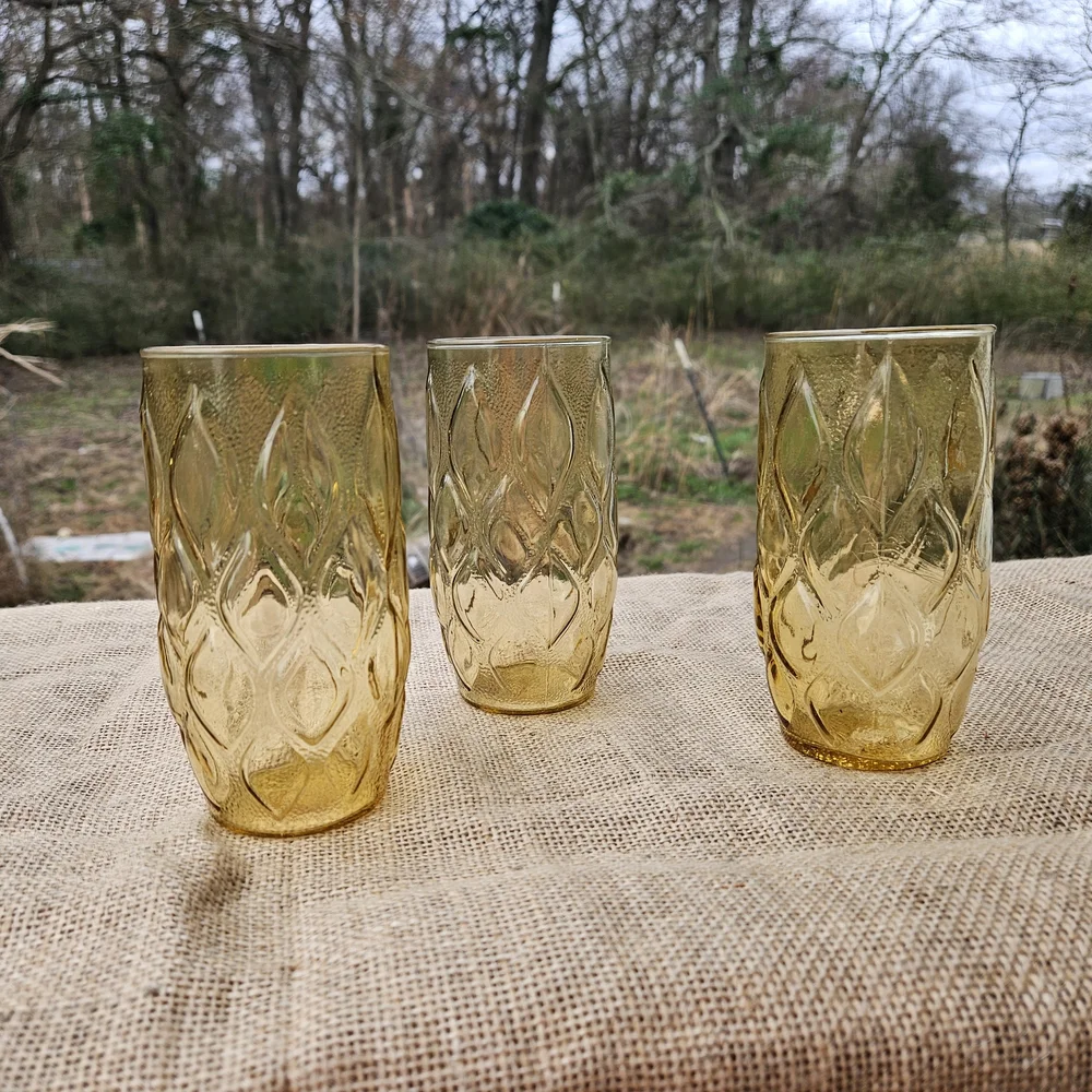Set of Three Vintage Amber Glass Tumblers Libbey Madrid Pattern 60s 70s Era Boho - Picture 2 of 12